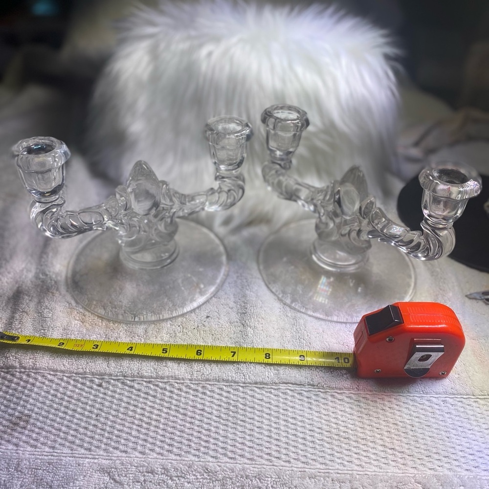 Glass Crystal Etched Double Candlestick Holders 2‎ piece set